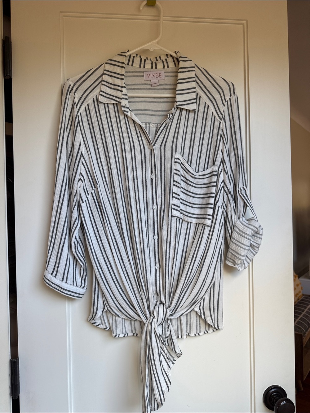 Vixbe White & Black Vertical Stripe Tie-Front Button Down Shirt